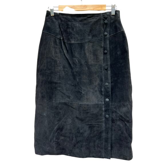 Vintage 90s Wilsons Leather Black Suede Leather Pencil Skirt Button Snap Size 14 - Picture 1 of 11